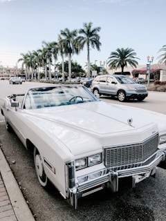 A sleek white convertible parked along Miami Beach with palm trees swaying in the background.