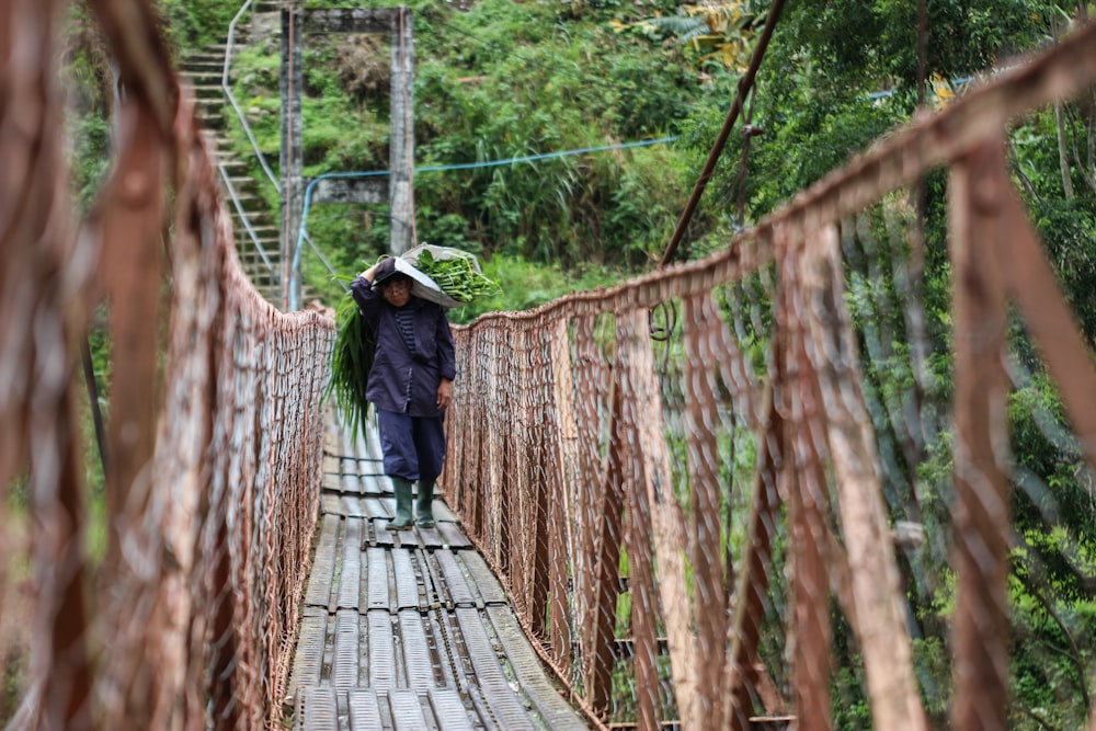 person walking on wooden bridge