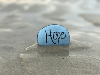 A blue stone with the word 'Hope' written on it is partially submerged in calm, shallow water, resting on sandy ground.