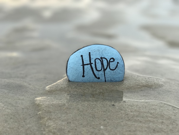 A blue stone with the word 'Hope' written on it is partially submerged in calm, shallow water, resting on sandy ground.