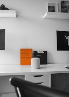 A minimalistic workspace features a white desk with a modern speaker and two books standing against the wall. One book has an orange cover titled 'Grid systems Raster systeme,' and the other has a black cover labeled 'New York City Transit Authority Objects.' Two computer monitors flank the desk. Two shelves are mounted on the wall above, holding a camera and some art prints.