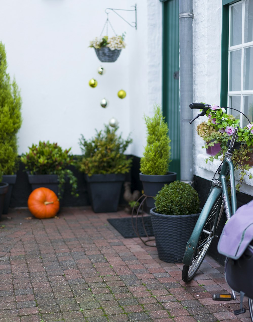 green bicycle parked beside white and green house