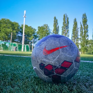 A close-up view of a worn-out soccer ball with a red Nike logo, positioned on a grassy soccer field. In the background, there are goal posts and tall trees under a clear blue sky.