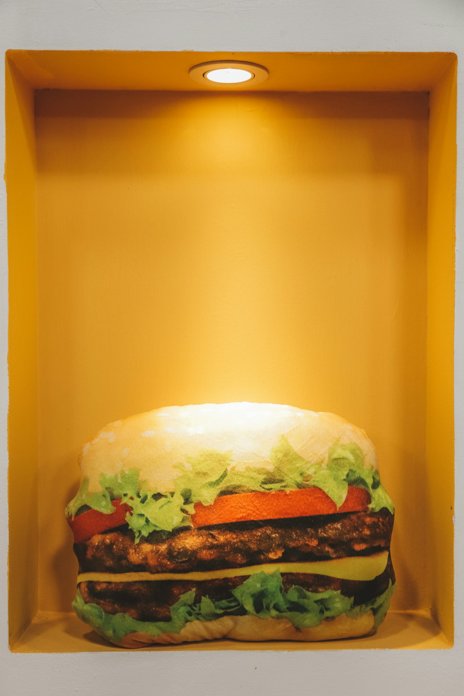 Canon EF-S 15-85mm F3.5-5.6 IS USM sample photo. Burger displayed on yellow photography