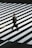 A person in a suit carrying a briefcase crosses a wide zebra pedestrian crossing. The geometric pattern of the white stripes contrasts sharply with the dark pavement.