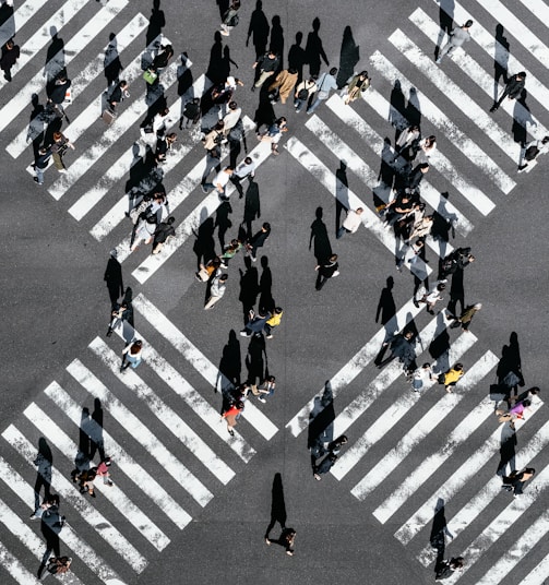 aerial view of people walking on cross pedestrian lane