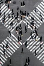 aerial view of people walking on cross pedestrian lane
