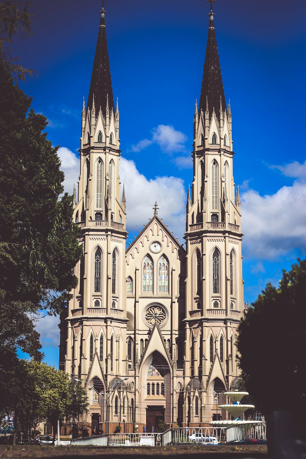 white cathedral between green trees under blue sky