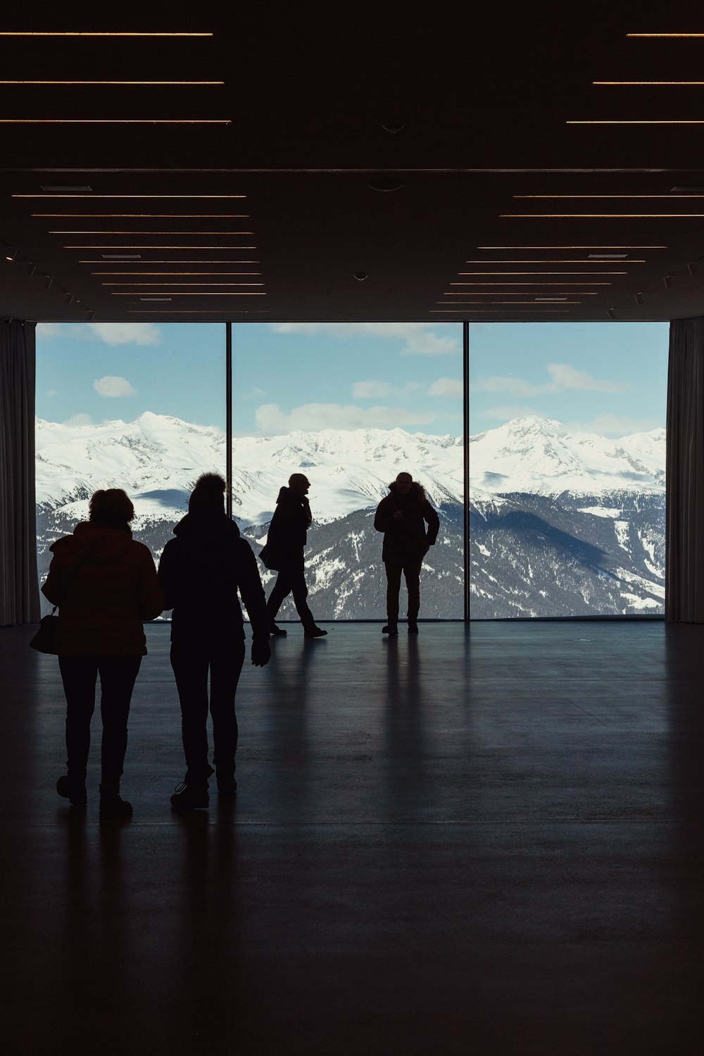 silhouette of four people looking at mountains