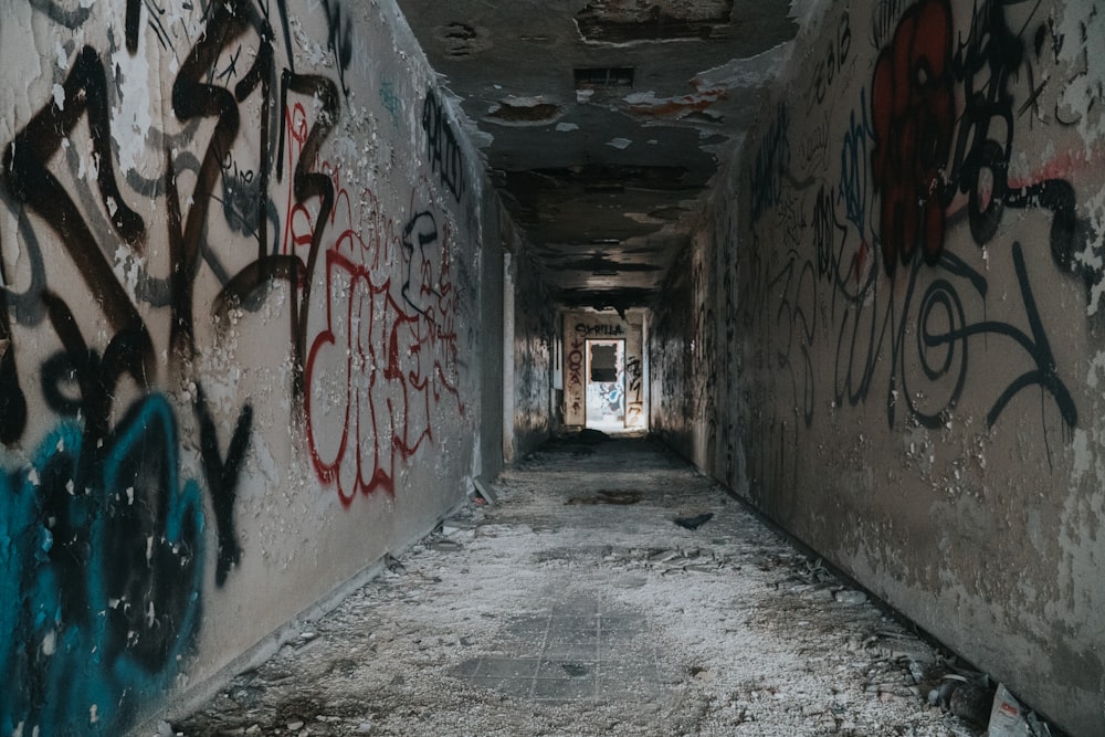 abandoned building hallway with murals