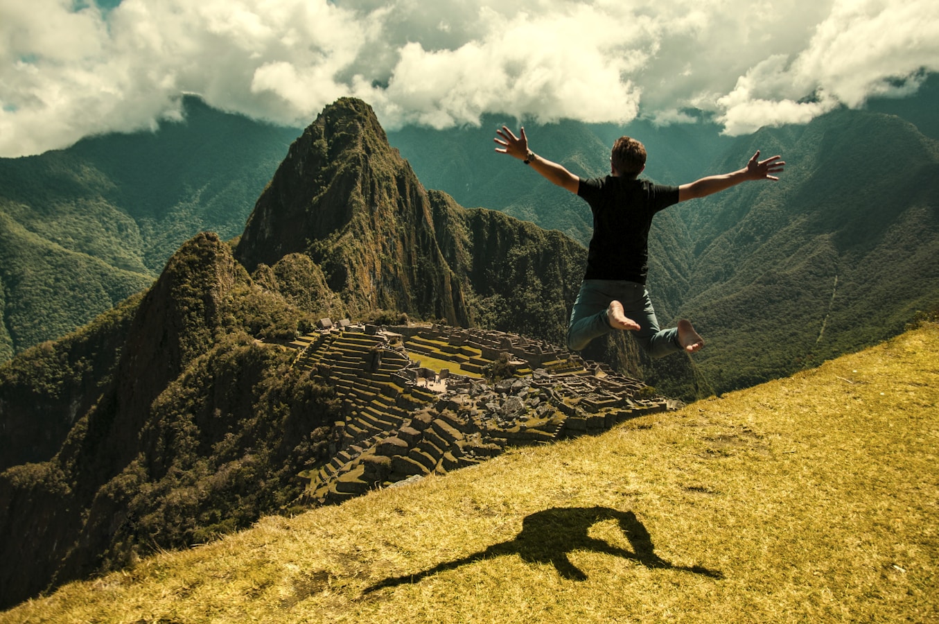 man jumping in green open field
