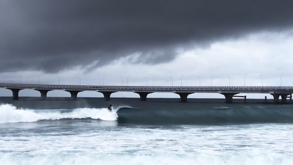 man surfing under gloomy sky