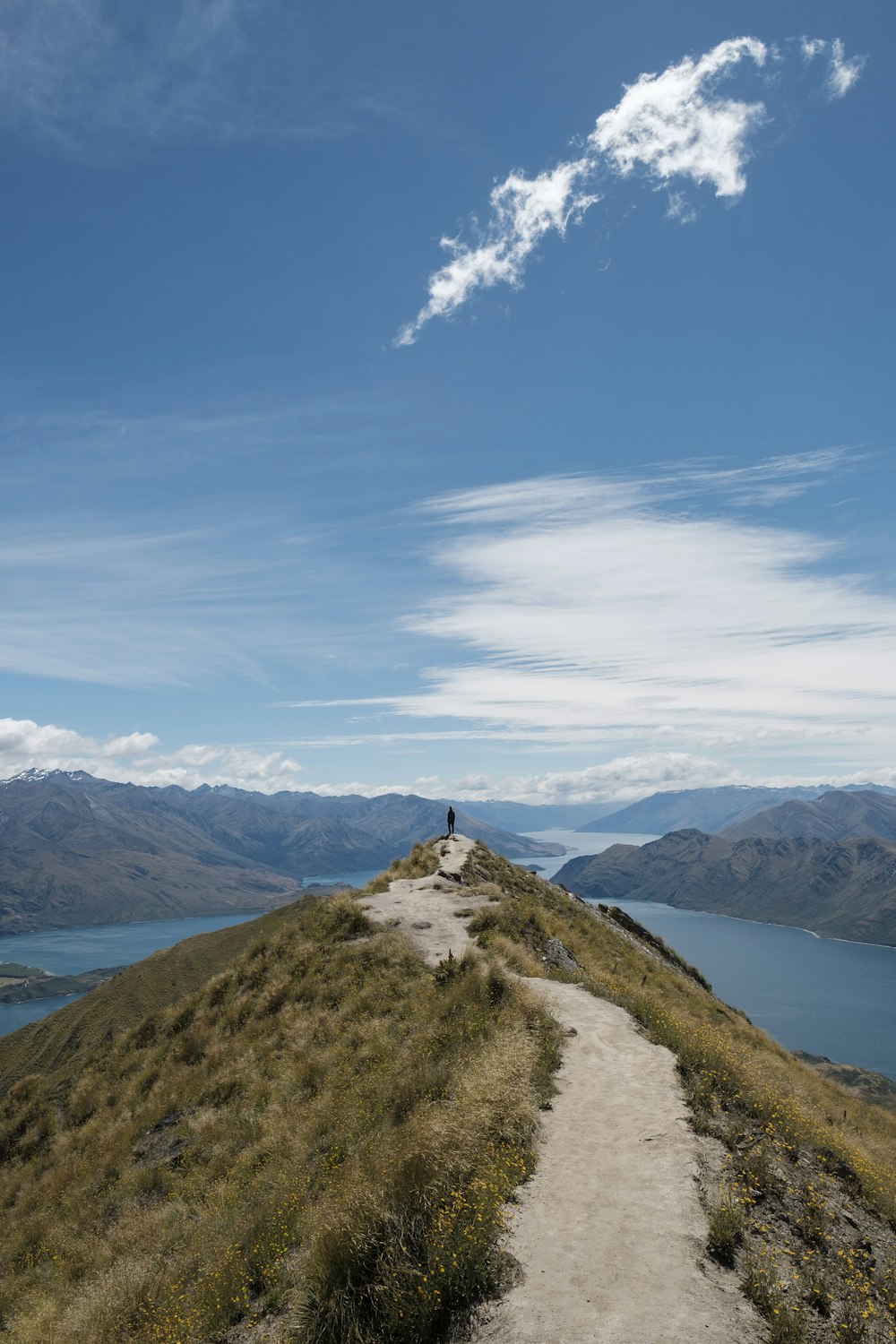 white cloudy sky over mountain peak overlooking lake