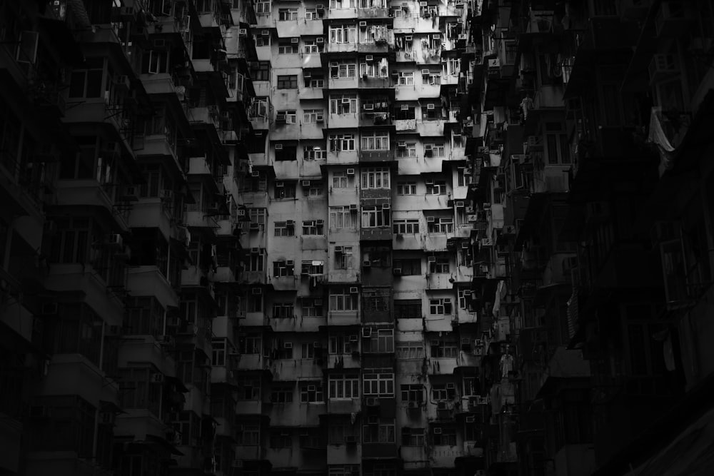 grayscale photography of multi-storey building