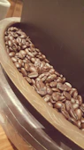 Close-up of glossy, roasted cocoa beans from Brazil in a rustic wooden bowl.