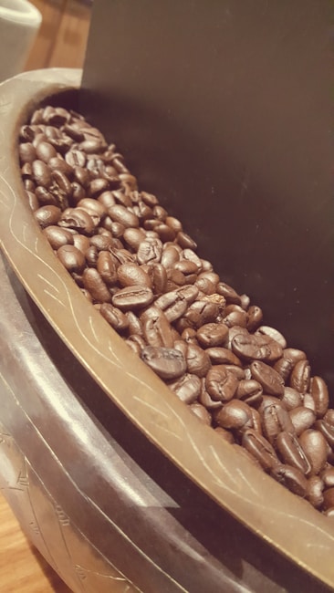 A close-up view of glossy, roasted coffee beans piled in a decorative bowl, featuring intricate patterns on its rim. The image captures the rich textures and dark hues of the beans with a warm, inviting ambiance.