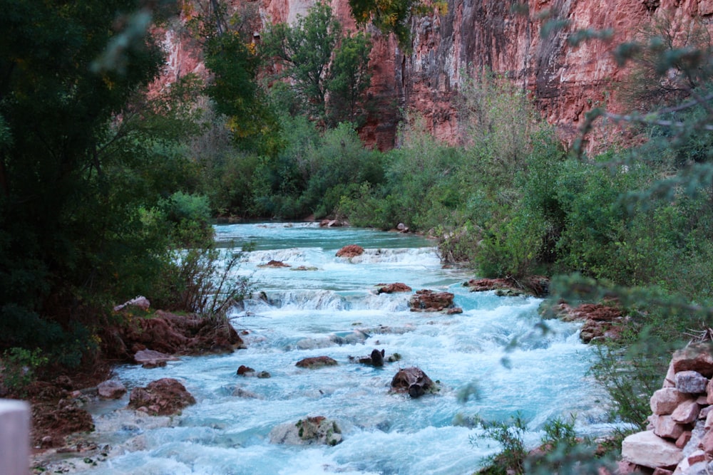 cascading river beside mountain