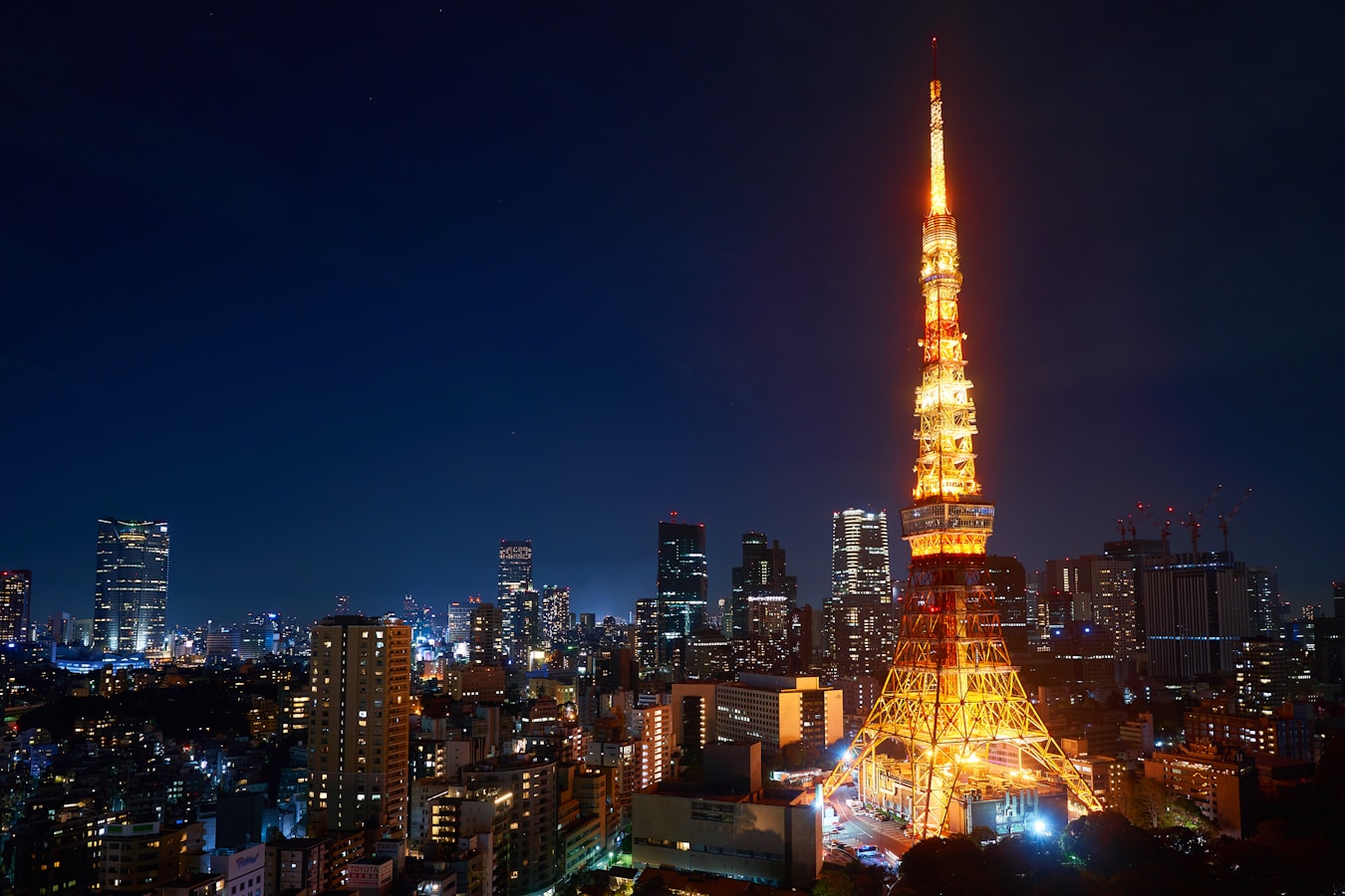 Tokyo skyline at dusk with neon lights illuminating the urban landscape