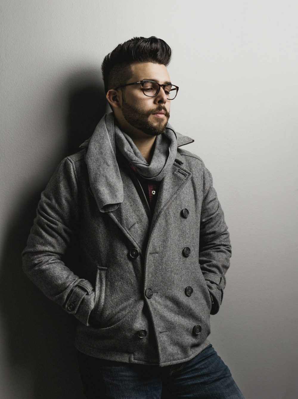 man wearing gray jacket