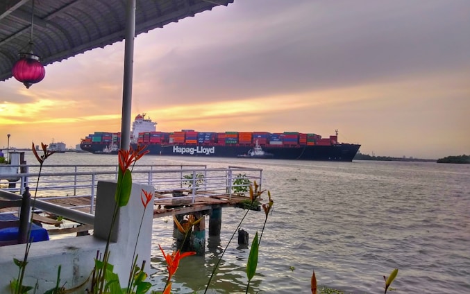A large cargo ship is moving across a body of water, loaded with multicolored shipping containers. In the foreground, a wooden dock and some vibrant orange and green plants add a splash of color. The sky is overcast with a mix of gray clouds and a golden sunset.