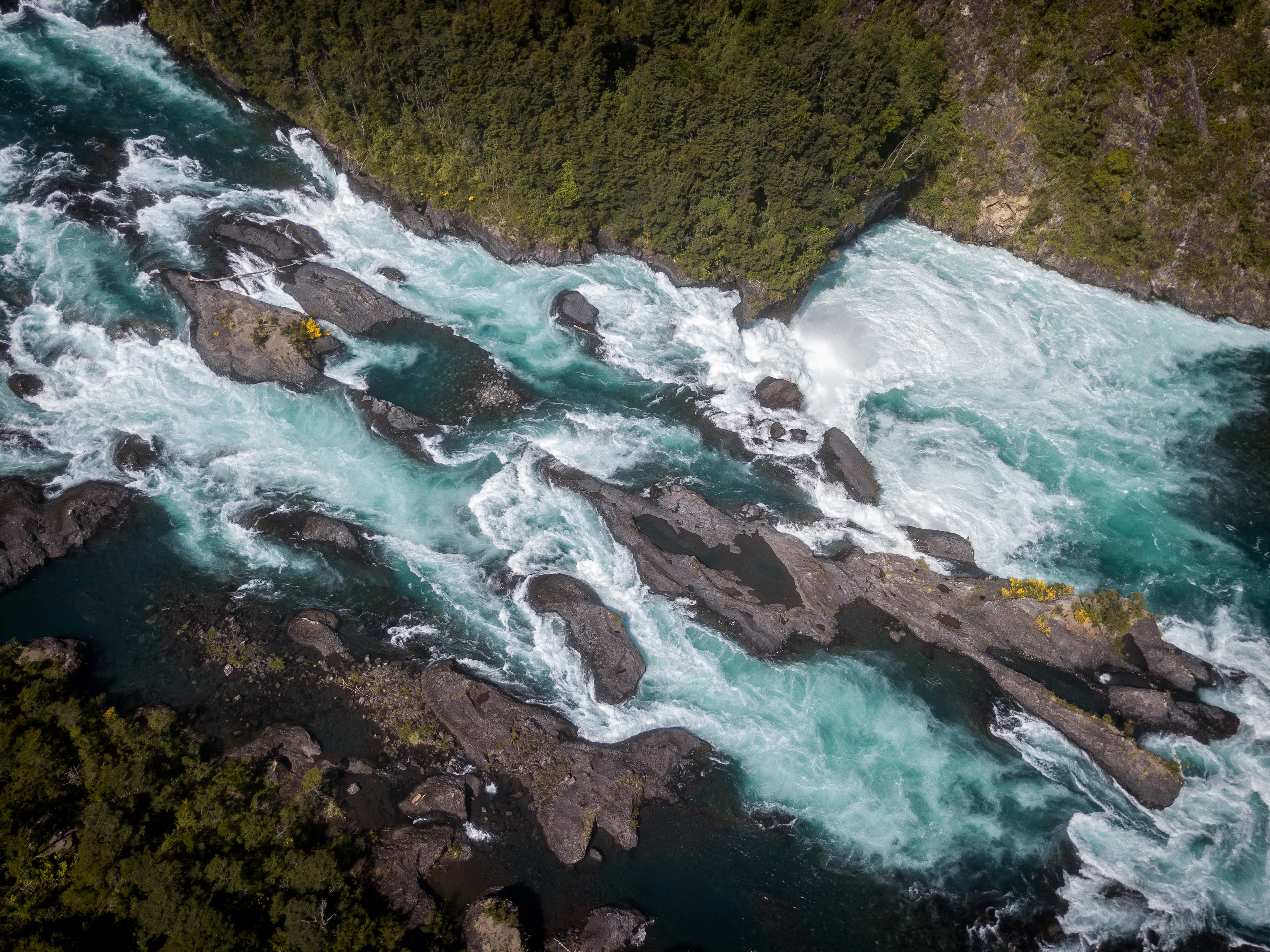 The turquoise Petrohué River rushing between dark lava rocks, seen from above, Chile