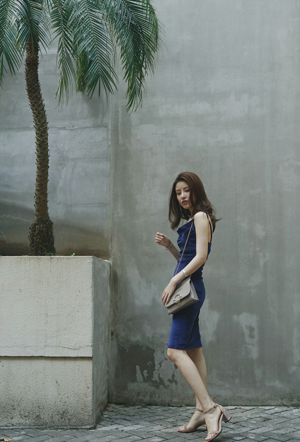 woman in blue sleeveless dress with brown leather sling bag standing near green palm tree during daytime