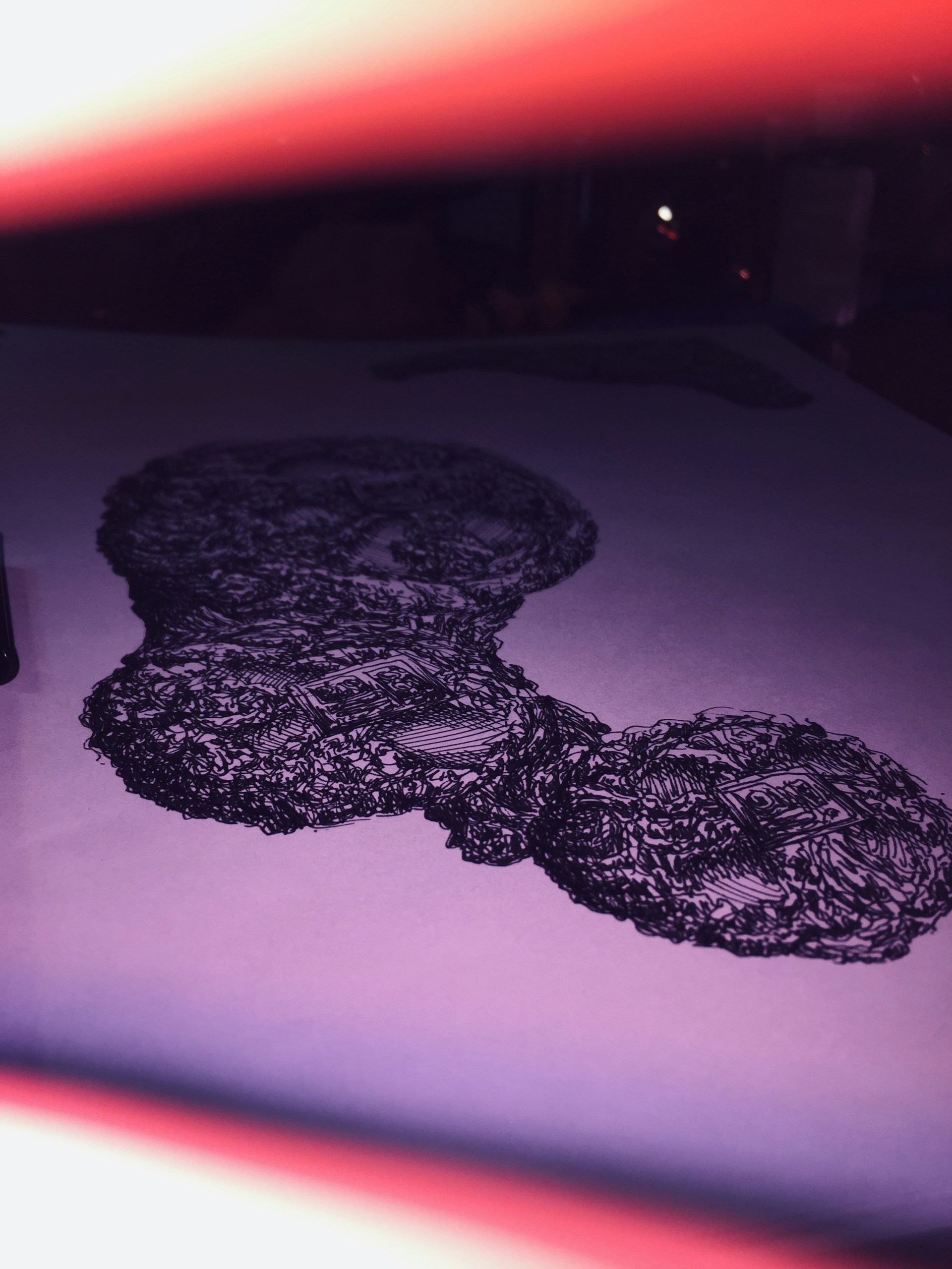 A striking black and white ink drawing featuring intricate line work and bold contrasts, evoking a sense of mystery.