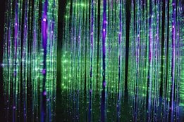 Vertical strands of light in green and purple create an ethereal, immersive environment. The lights appear to be strings or fibers, spaced closely together, producing a futuristic or otherworldly ambiance.