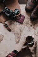 flat lay photo of coffee, bridge camera, and boots