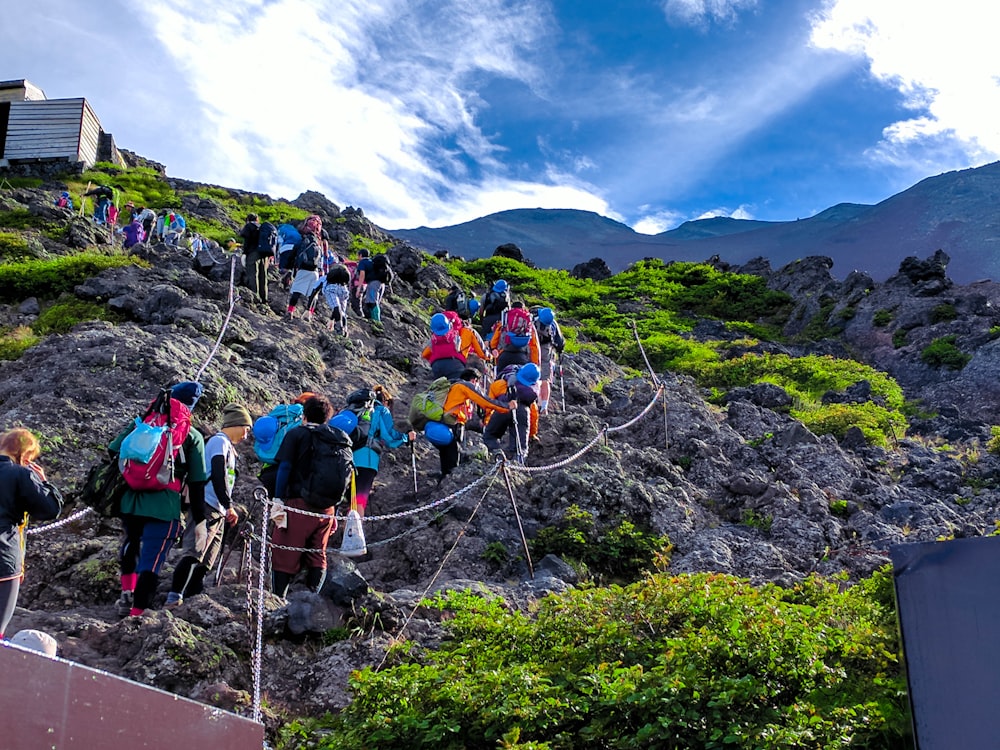 group of people on gray rock