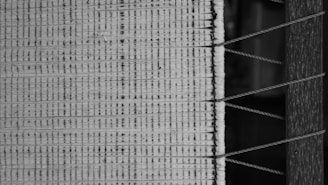 A close-up view of a woven textile, showcasing intricate patterns and textures. Parallel lines and crisscrossed threads create a structured and repetitive design.