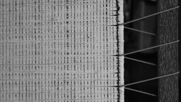 A close-up view of a woven textile, showcasing intricate patterns and textures. Parallel lines and crisscrossed threads create a structured and repetitive design.