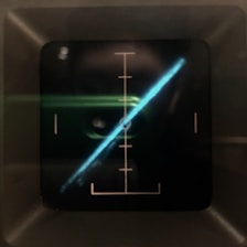 A screen displaying a neon blue line running diagonally across it, intersected by horizontal and vertical grid lines. The background is mostly dark, suggesting low lighting conditions.