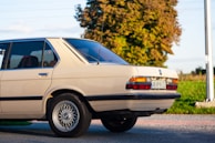 A beige vintage sedan is parked on a paved surface with a lush green landscape and a tree in the background. The car features a distinctive chrome trim, classic styling, and European license plate.