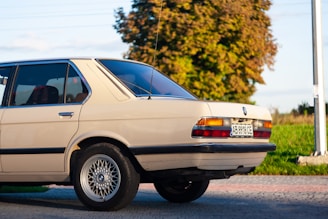 A beige vintage sedan is parked on a paved surface with a lush green landscape and a tree in the background. The car features a distinctive chrome trim, classic styling, and European license plate.
