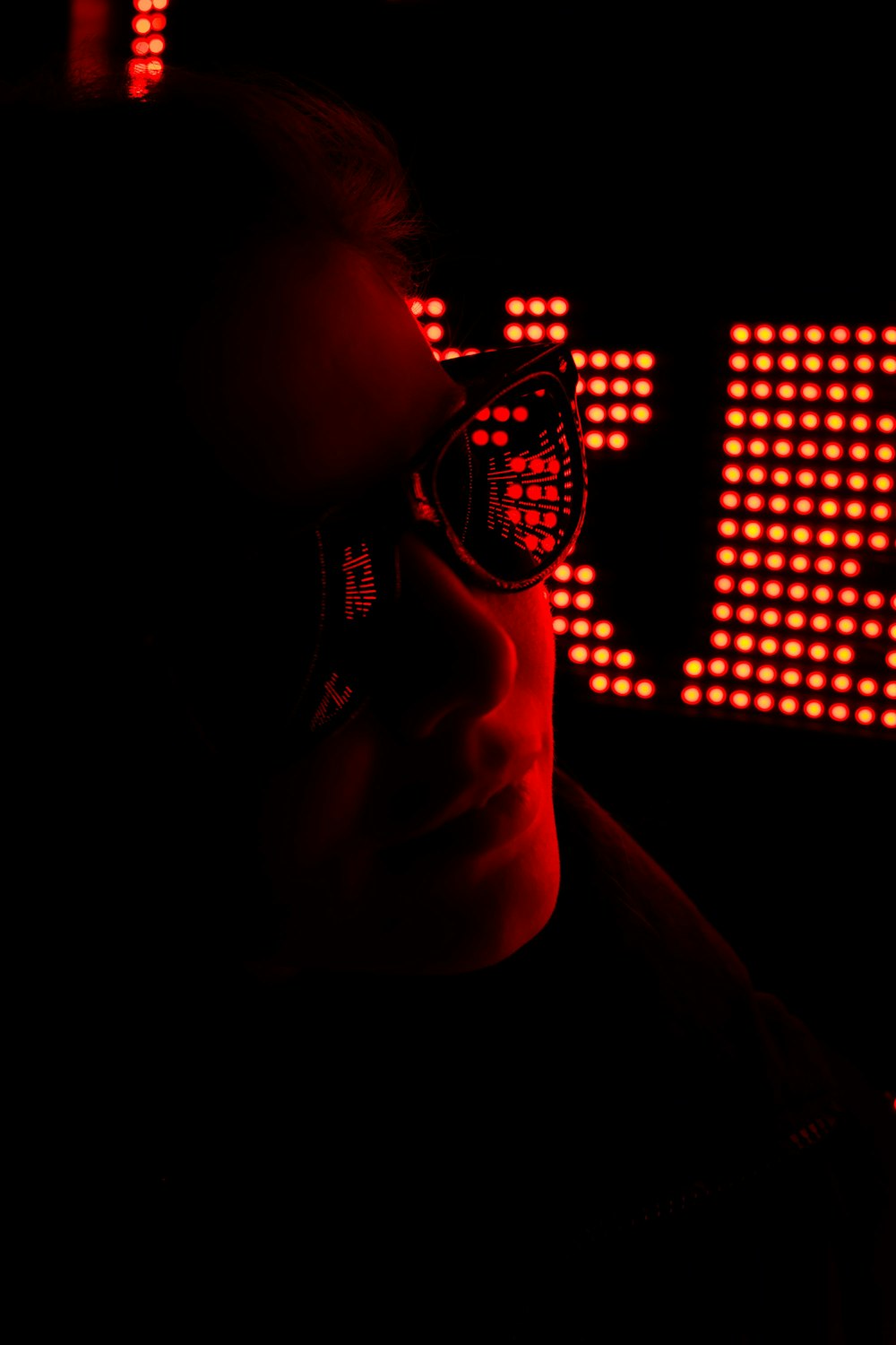 man wearing sunglasses on dark room