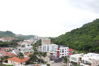 A scenic view of a newly developed residential area with lush greenery and traditional Mathura art murals.