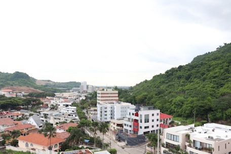 A scenic view of a residential area surrounded by lush green hills. The houses have a mix of modern and traditional architecture with a variety of colors including white, red, and beige. Tall buildings are visible in the distance, indicating an urban setting beyond the immediate neighborhood.