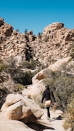 Hiker walking along dry desert trail under a bright blue sky