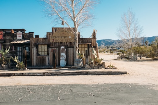 A rustic, old-fashioned wooden building with a sign indicating 'Dentistry & Boot Repair' stands in a desert setting. The façade features wooden planks, old windows, and weathered doors. Cacti and a leafless tree are visible in the foreground, with arid landscape and mountains in the background under a clear blue sky.
