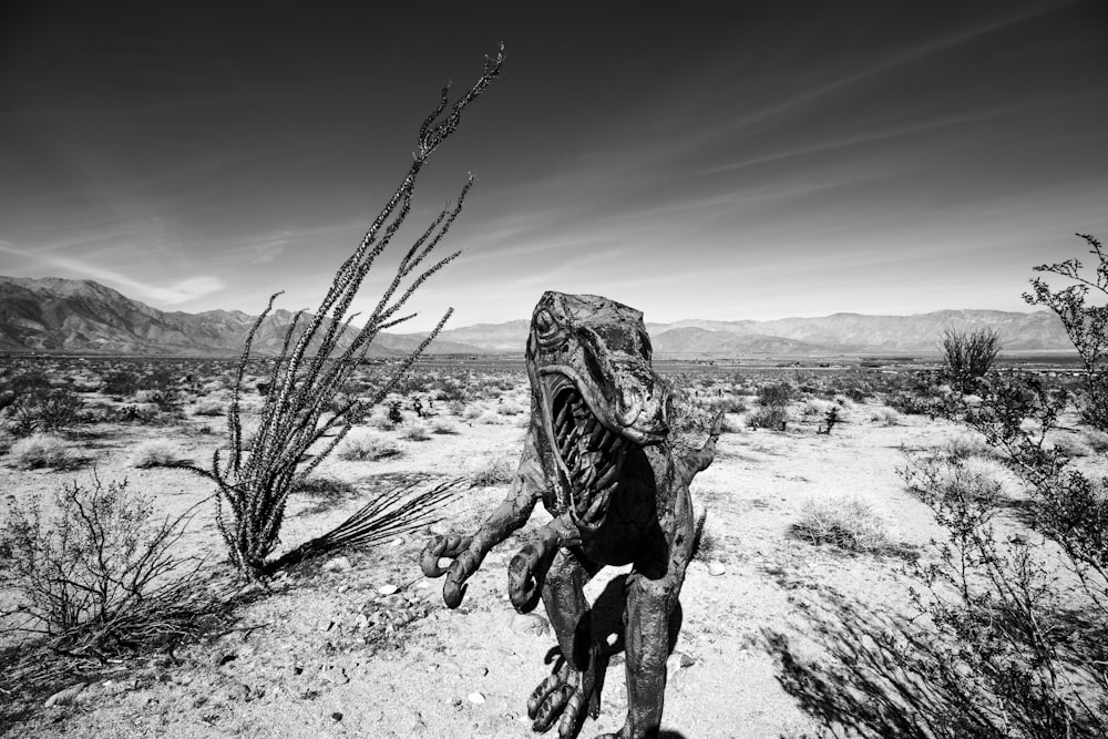 gray scale photo of creature in desert