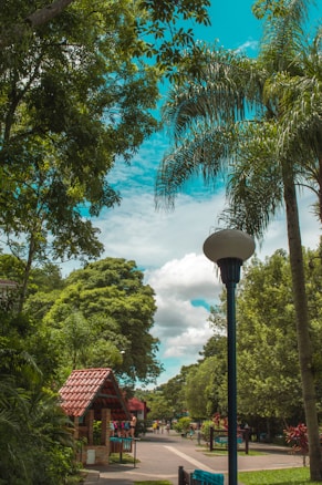A serene park scene with a paved walkway surrounded by lush green trees and tropical plants. A few small structures with red-tiled roofs are visible, and a tall streetlamp stands prominently on the right. People are strolling along the path under a partly cloudy blue sky.