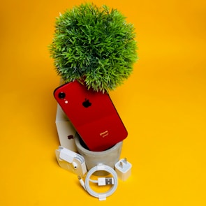 A red iPhone rests against a potted artificial plant with a green leafy top, surrounded by a small collection of accessories including a white USB charging cable, a charging adapter, and a pair of earphones. The background is a bright yellow, creating a vibrant and bold contrast.