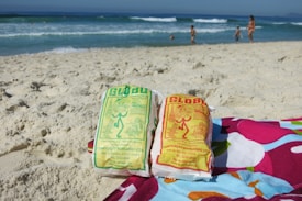 Two bags of Globo snacks sit on a colorful beach towel on sandy beach. The ocean waves can be seen in the background along with several people walking along the shoreline.