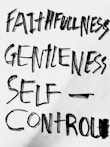 The image features bold, hand-painted words in black on a white background. The words 'Faithfulness', 'Gentleness', and 'Self-Control' are prominently displayed in an expressive brushstroke style.