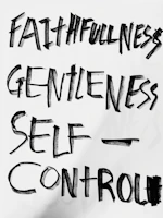 The image features bold, hand-painted words in black on a white background. The words 'Faithfulness', 'Gentleness', and 'Self-Control' are prominently displayed in an expressive brushstroke style.
