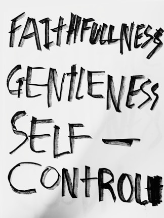 The image features bold, hand-painted words in black on a white background. The words 'Faithfulness', 'Gentleness', and 'Self-Control' are prominently displayed in an expressive brushstroke style.