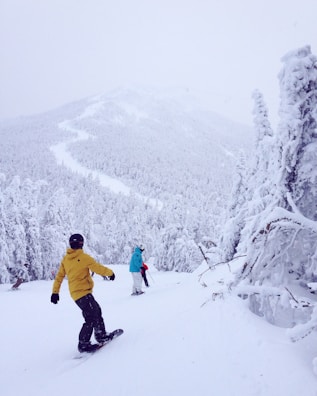 Three snowboarders are riding down a snow-covered mountain slope. The landscape is dominated by snow-capped trees, creating a serene and wintry atmosphere. The sky is overcast, adding to the overall cold and tranquil environment.