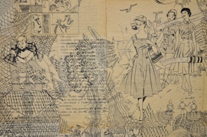A collage of intricate black and white line drawings and text on a textured background. The scene includes a woman in a vintage dress holding a handbag, surrounded by abstract patterns and sketches resembling comic book panels and fashion illustrations. Texts in French are interspersed throughout the design, adding a vintage, literary element.