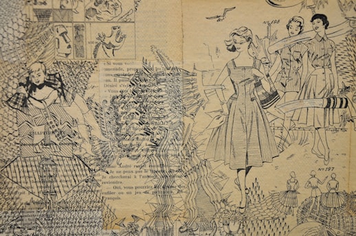 A collage of intricate black and white line drawings and text on a textured background. The scene includes a woman in a vintage dress holding a handbag, surrounded by abstract patterns and sketches resembling comic book panels and fashion illustrations. Texts in French are interspersed throughout the design, adding a vintage, literary element.